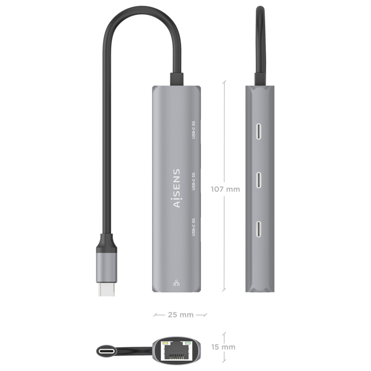 AISENS Dock USB-C A Ethernet Gigabit + Hub 3xUSB-C, Gris, 15cm
