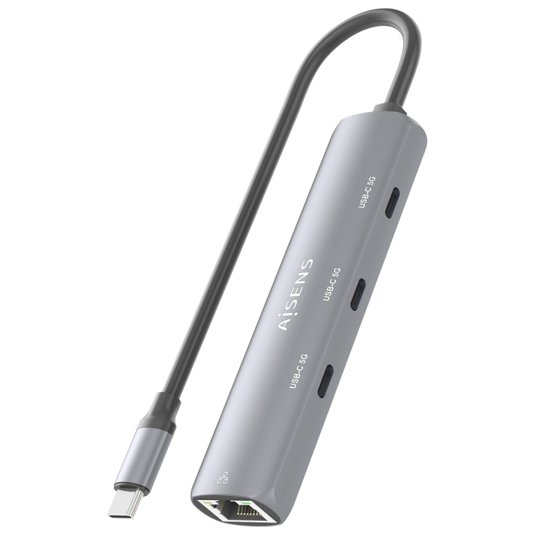 AISENS Dock USB-C A Ethernet Gigabit + Hub 3xUSB-C, Gris, 15cm