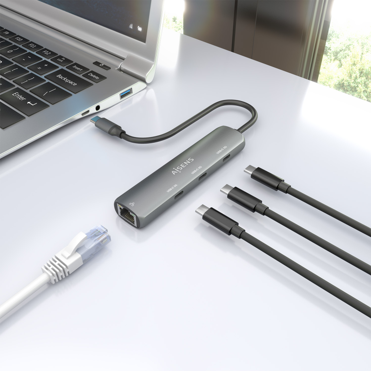 AISENS Dock USB-C A Ethernet Gigabit + Hub 3xUSB-C, Gris, 15cm